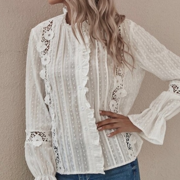 New Boho White Lace Long Sleeve Blouse Top - Picture 5 of 9